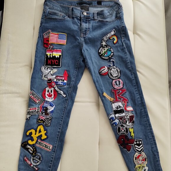 Women's Size 27 SP BLACK LABEL Patches Blue Jeans - Picture 1 of 10